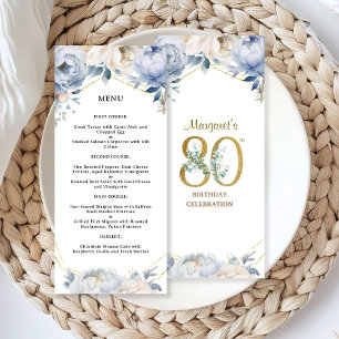 80th Birthday Party Dusty Blue Peony Gold Menu
