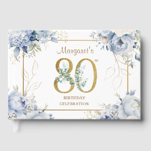 80th Birthday Party Dusty Blue Peony Guest Book
