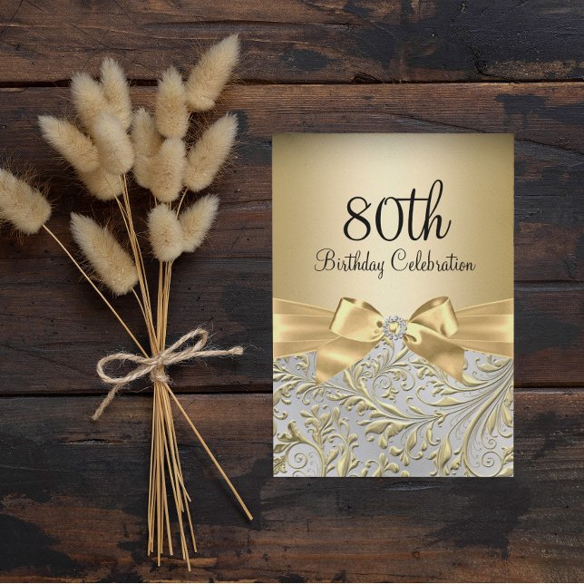 80th Birthday Party Elegant Gold Bow Floral Swirl Invitation (Creator Uploaded)