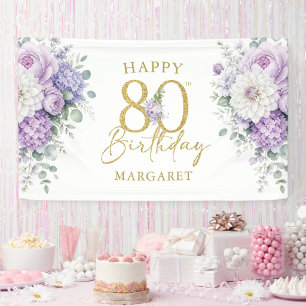80th Birthday Party Elegant Gold Purple Floral Banner