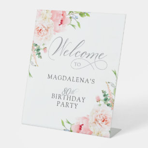 80th Birthday Party Elegant Pink Floral Welcome Pedestal Sign