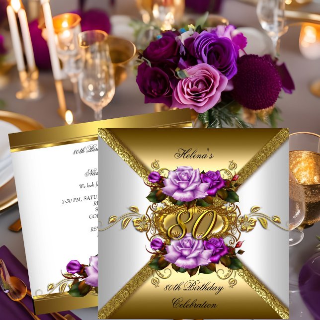 80th Birthday Party Elegant Purple Gold Roses 3 Invitation (Creator Uploaded)