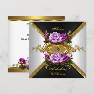 80th Birthday Party Elegant Purple Gold Roses 4 Invitation