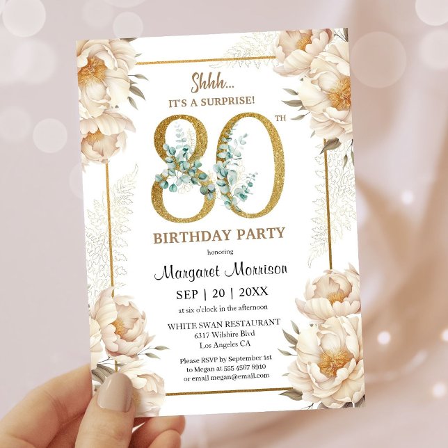 80th Birthday Party Elegant White Peony Floral Invitation (Creator Uploaded)