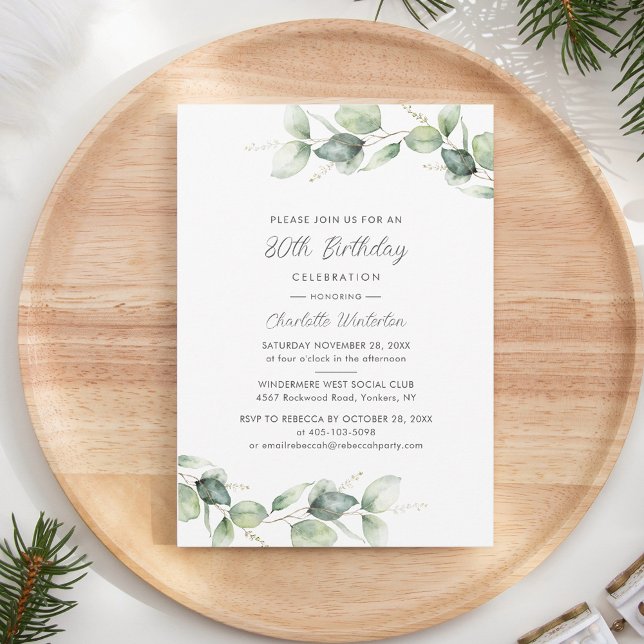 80th Birthday Party Eucalyptus Botanical Invitation (80th Birthday Eucalyptus Botanical Script Party Invitation)