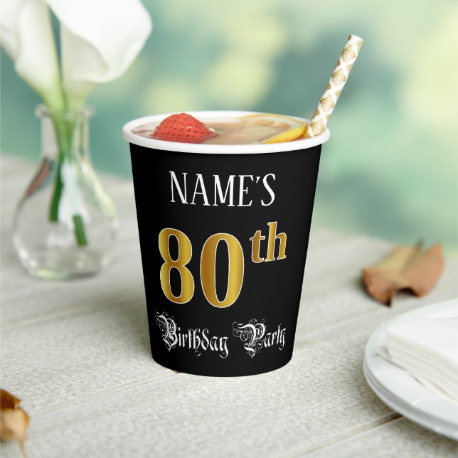 80th Birthday Party — Fancy Script, Faux Gold Look Paper Cups (Insitu)
