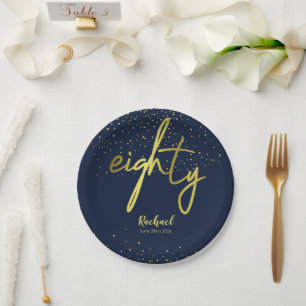 80th Birthday Party Glamorous Navy Gold Paper Plate