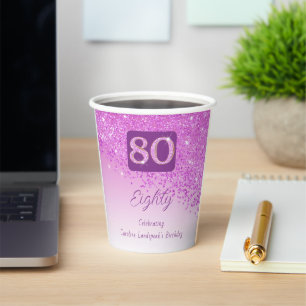 80th Birthday Party Gleaming Pink Glitter Paper Cups