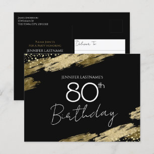 80th Birthday Party Gold Black Invitation Postcard
