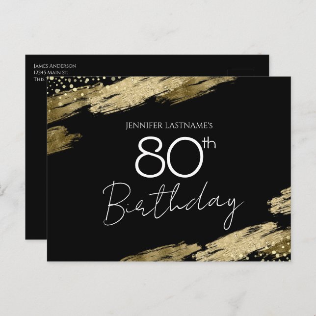 80th Birthday Party Gold Black Invitation Postcard (Front/Back)