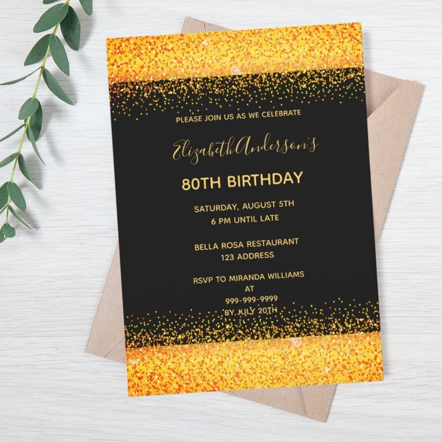 80th birthday party gold black sparkle invitation (Creator Uploaded)