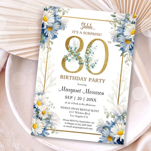 80th Birthday Party Gold Elegant Daisy Floral Invitation (Creator Uploaded)