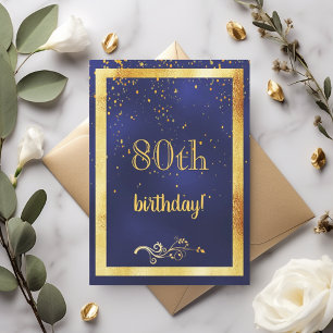 80th birthday party gold frame blue invitation