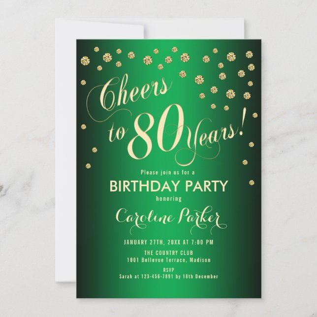 80th Birthday Party - Gold Green Invitation (Front)