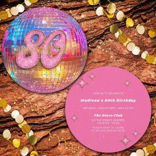 80th Birthday Party Gold Pink Glitter Disco Ball Invitation