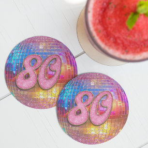 80th Birthday Party Gold Pink Glitter Disco Ball Round Paper Coaster