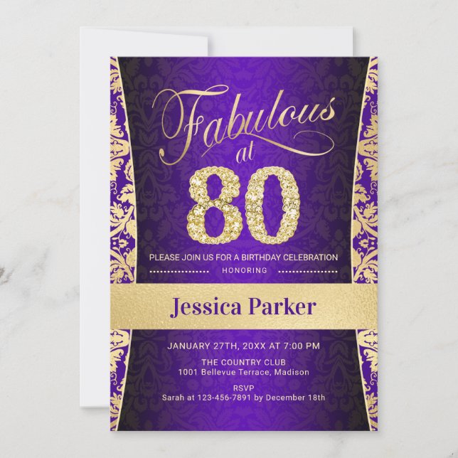 80th Birthday Party - Gold Purple Invitation (Front)