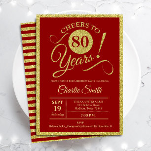 80th Birthday Party - Gold Red ANY AGE Invitation