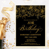 80th Birthday Party Gold Rose Floral Black