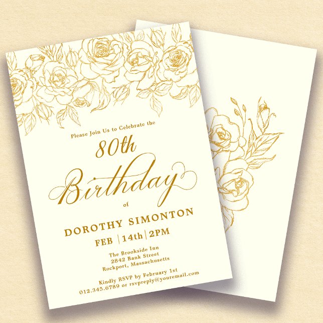 80th Birthday Party Gold Rose Floral Ivory White Invitation (Creator Uploaded)