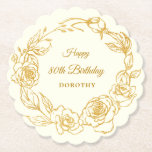 80th Birthday Party Gold Rose Ivory White Paper Coaster<br><div class="desc">Elegant rose gold floral 80th birthday paper napkins feature pretty script calligraphy surrounded by a lush gold rose wreath. The roses look beautiful with the ivory white background. You can actually change the background colour to any colour. All of the text can be edited. This item is part of the...</div>
