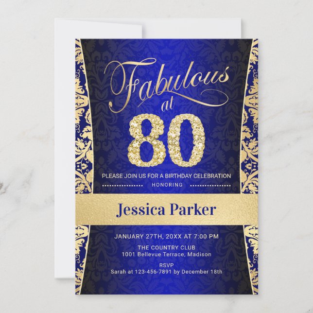 80th Birthday Party - Gold Royal Blue Invitation (Front)