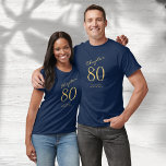 80th Birthday Party Gold Script Blue T-Shirt<br><div class="desc">Celebrate your loved one's 80th birthday in style with a unique, personalised t-shirt! Our birthday t-shirt features a gold script design on a blue background, perfect for your family and friends to wear to the special celebration. Stand out from the crowd and show your appreciation and love with this special...</div>
