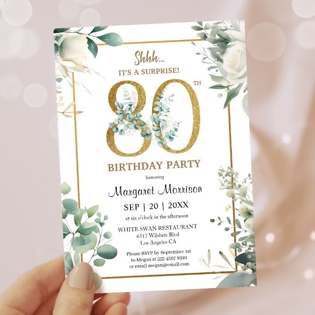 80th Birthday Party Gold Watercolor Greenery Invitation (Creator Uploaded)