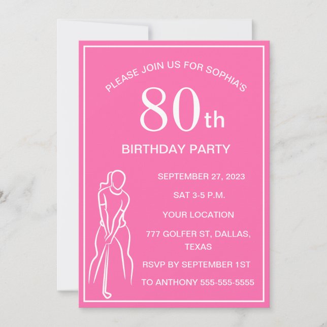 80th Birthday Party Golfer Pink Ladies Golf Par Invitation (Front)