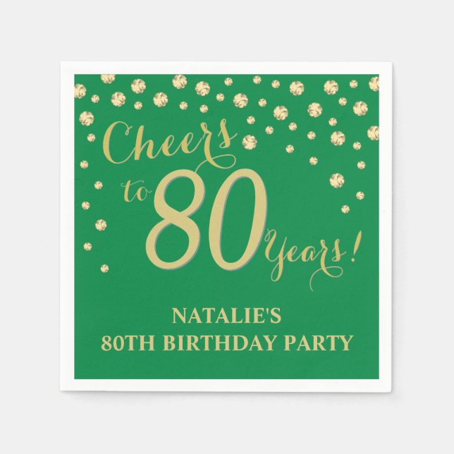 80th Birthday Party Green and Gold Diamond Napkins (Front)