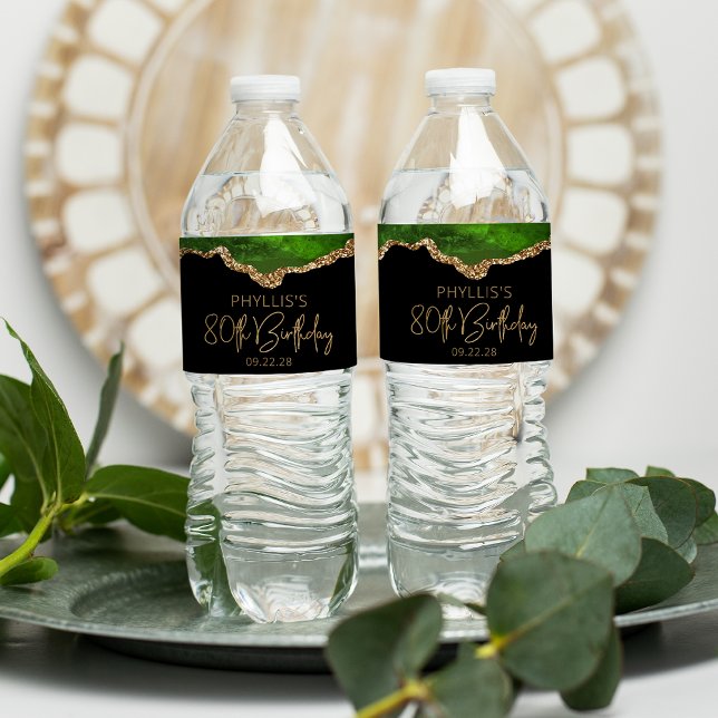 80th Birthday Party Green Gold Agate Water Bottle Label (Creator Uploaded)