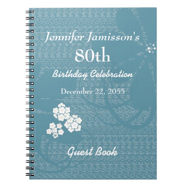 80th Birthday Party Guest Book Blue, White Floral  (Front)