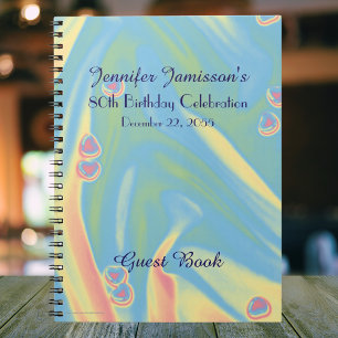 80th Birthday Party Guest Book, Blue with Hearts Spiral Notebook