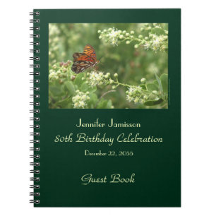 80th Birthday Party Guest Book, Orange Butterfly Spiral Notebook