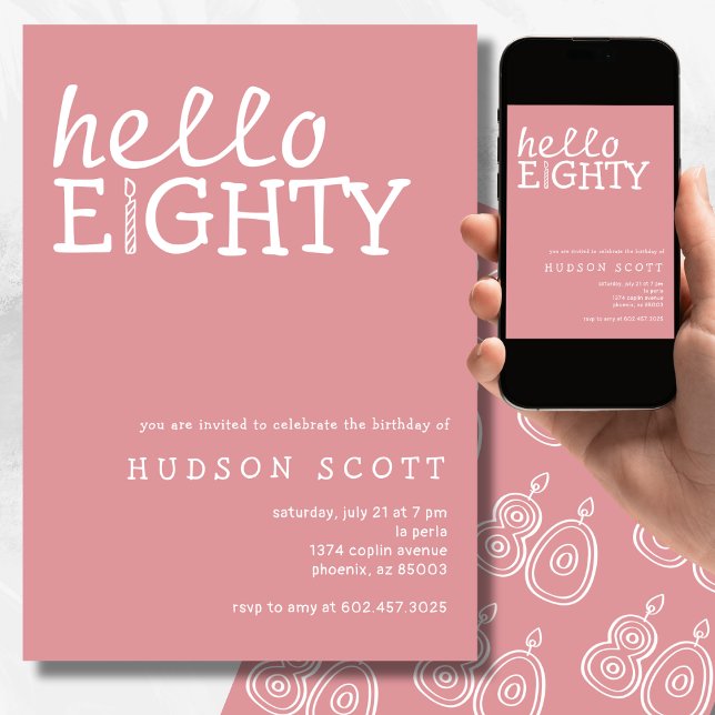  80th Birthday Party Hello Eighty Modern Pink Invitation (Creator Uploaded)