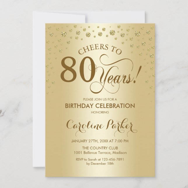 80th Birthday Party Invitation - Gold (Front)