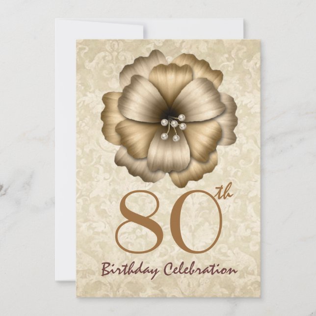 80th Birthday Party Invitation Gold Flower Bow (Front)