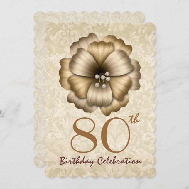 80th Birthday Party Invitation Gold Flower Bow 2 (Front/Back)