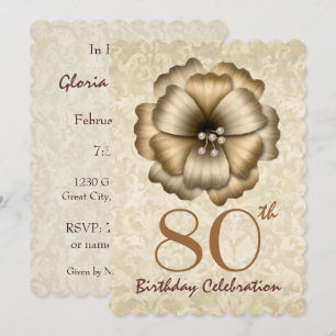 80th Birthday Party Invitation Gold Flower Bow 2