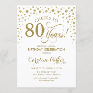 80th Birthday Party Invitation - Gold White