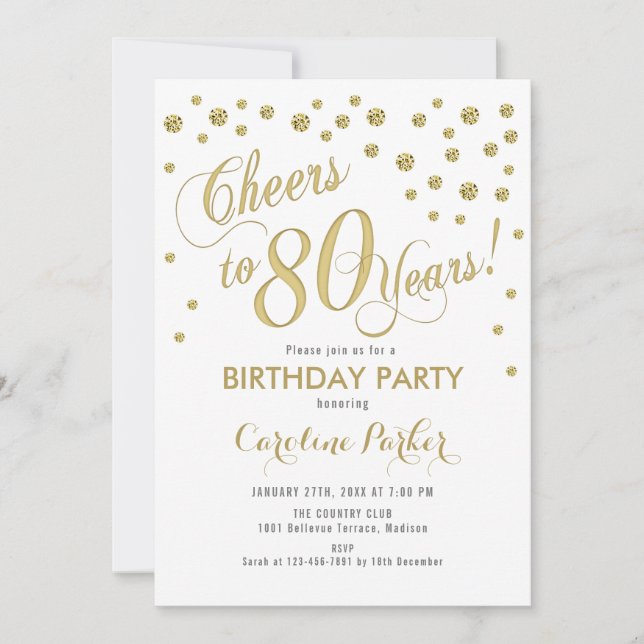 80th Birthday Party Invitation - Gold White (Front)
