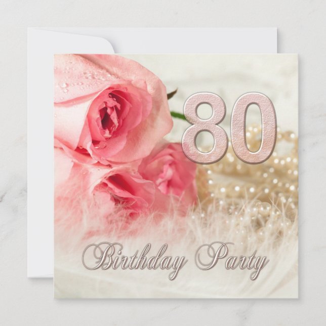 80th Birthday party invitation, roses and pearls Invitation (Front)