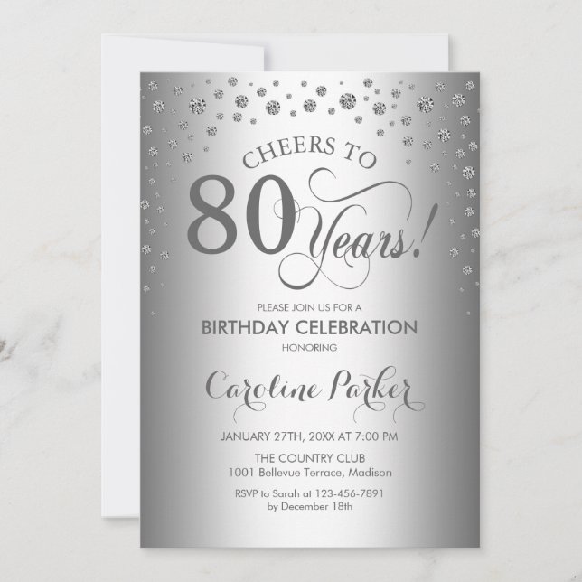 80th Birthday Party Invitation - Silver (Front)