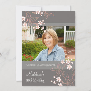 80th BIrthday Party Invitations Grey Coral Flowers