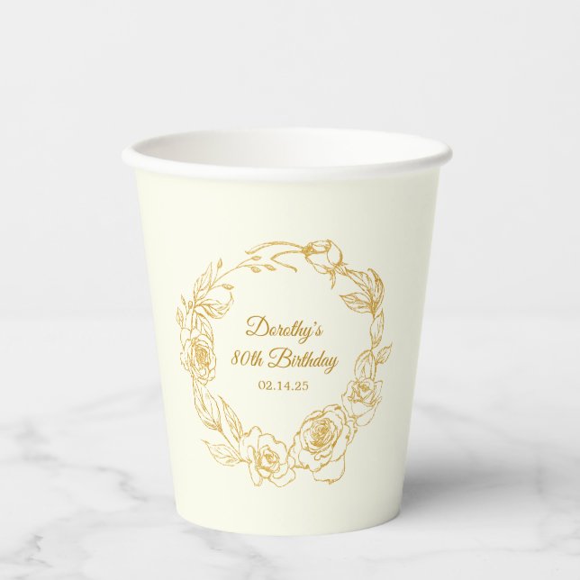 80th Birthday Party Luxe Gold Rose White Paper Cups (Front)