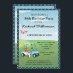80th Birthday Party Men's Golf Theme Party   Invitation<br><div class="desc">This festive and colourful 80th Birthday Party Invitation has a Golf theme and it's perfect for a Golfer. It features a Golf Cart with Golf Clubs on a Golf Course, Much to personalise to make appropriate for your own event as well as a photo. We have all the ingredients to...</div>