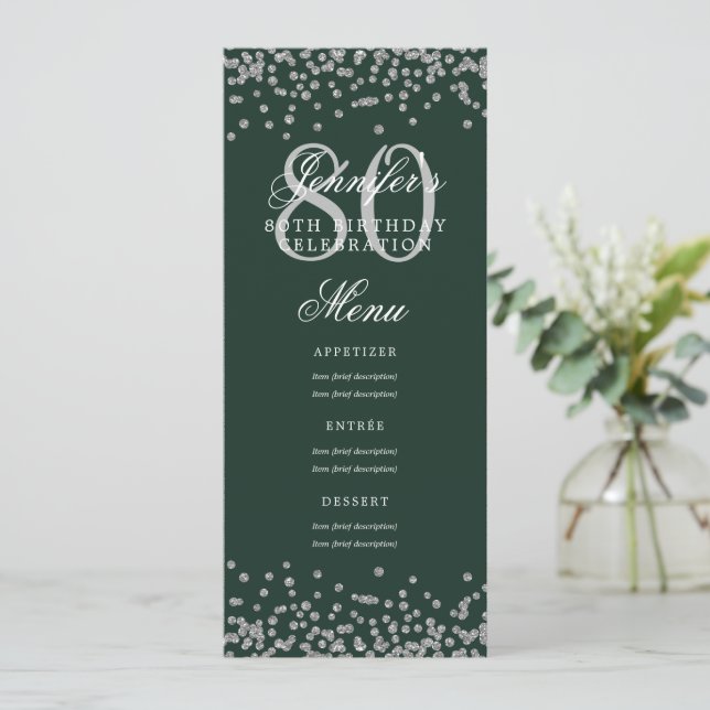 80th Birthday Party Menu Silver Confetti Green Invitation (Standing Front)