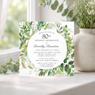 80th Birthday Party Modern Green Botanical Invitation