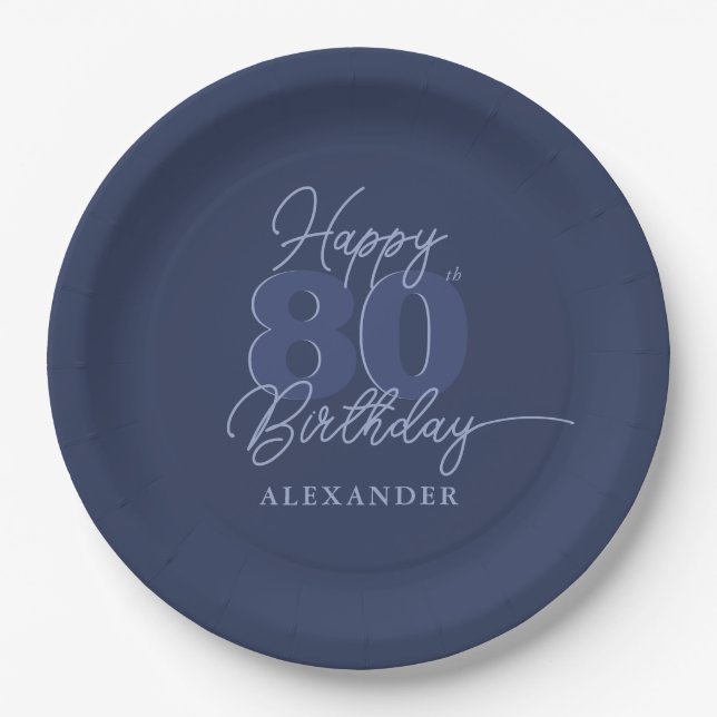 80th Birthday Party Modern Minimal Navy Paper Plate (Front)