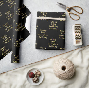 80th Birthday Party Name Black Modern Pattern Wrapping Paper